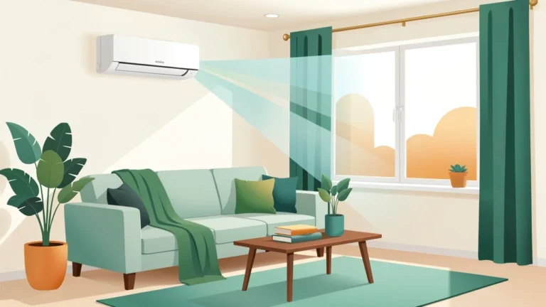 Tidy living room with a window air conditioner beside a floor plan mapping square footage to cooling capacity, no people, no text