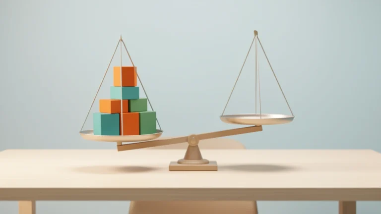 A balance scale tipped to one side with a taller stack of colored blocks on the lower pan, on a light desk