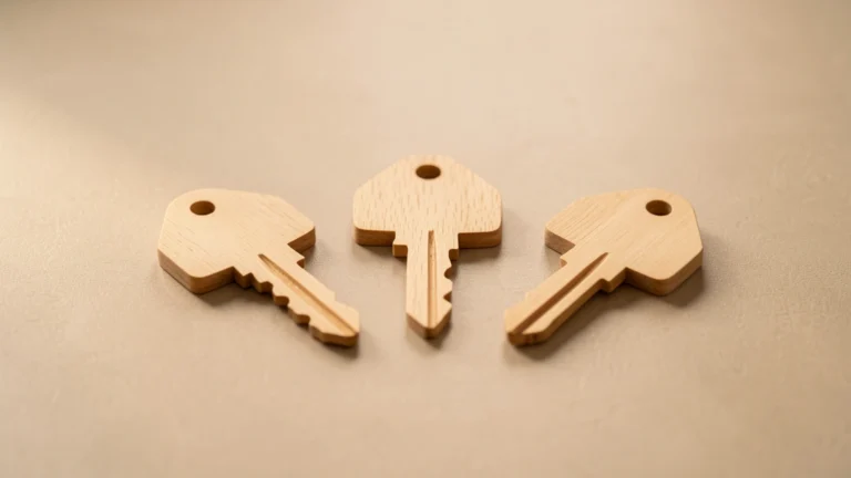 Three plain house keys of different colors resting together on a wooden table next to a small notepad, no text, no numbers, no real person's hands or face