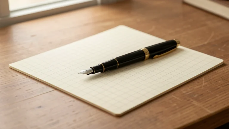 Fountain pen resting on a blank sheet of paper on a wooden desk