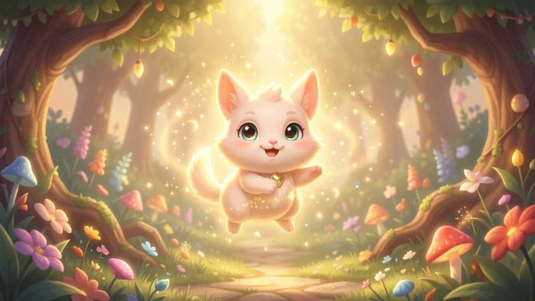 A friendly fantasy pet companion creature with a soft magical glow standing beside abstract stat icons, no text, no real game logos or trademarked characters