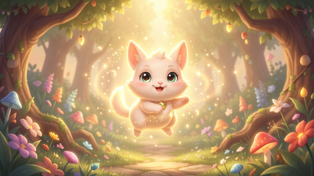 A friendly fantasy pet companion creature with a soft magical glow standing beside abstract stat icons, no text, no real game logos or trademarked characters