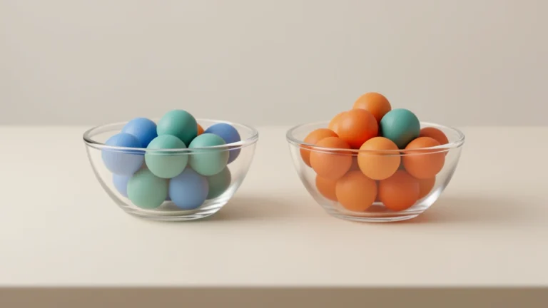 Two small glass bowls of colored marbles side by side on a light desk, one slightly fuller, suggesting a comparison between samples
