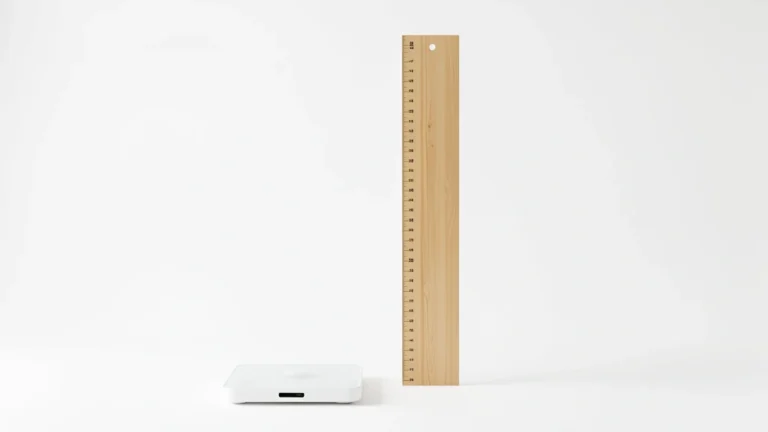 A simple bathroom scale beside a tall height ruler, a clean flat-lay concept for finding a healthy weight for your height, no text in image and no real person