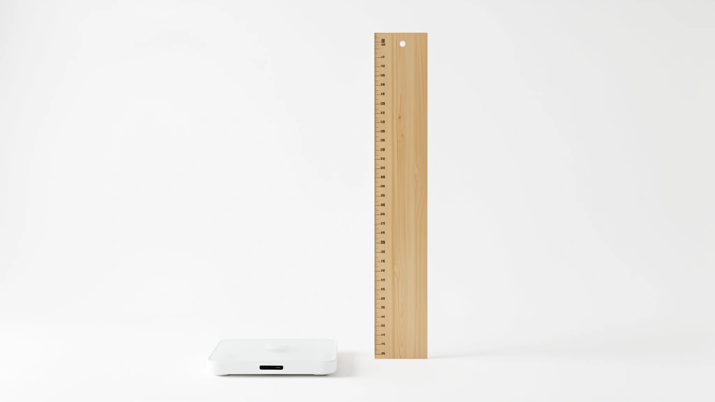 A simple bathroom scale beside a tall height ruler, a clean flat-lay concept for finding a healthy weight for your height, no text in image and no real person