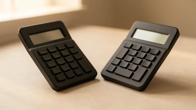 Two calculators side by side on a plain desk showing different displayed numbers, no text, no numbers, no real person's hands or face
