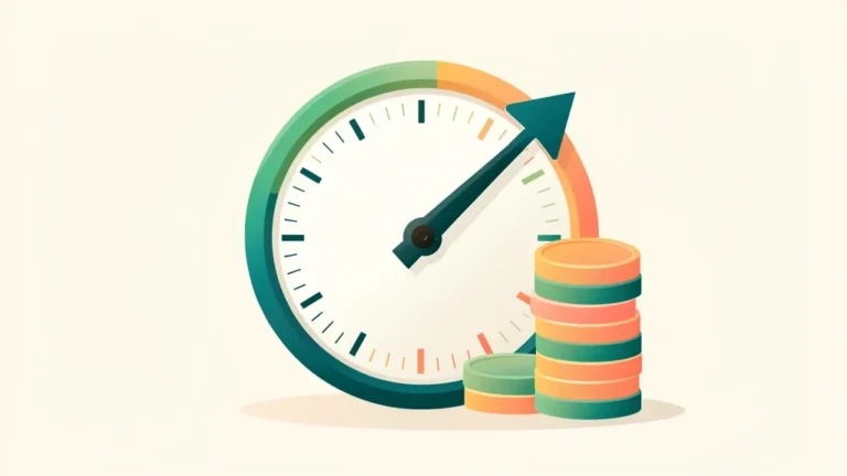 Upward credit score gauge beside stacked coins and a rising line, clean concept, no people, no text