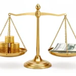 A balance scale weighing a stack of debt bills against a stack of income coins, representing the debt-to-income ratio, no text in image