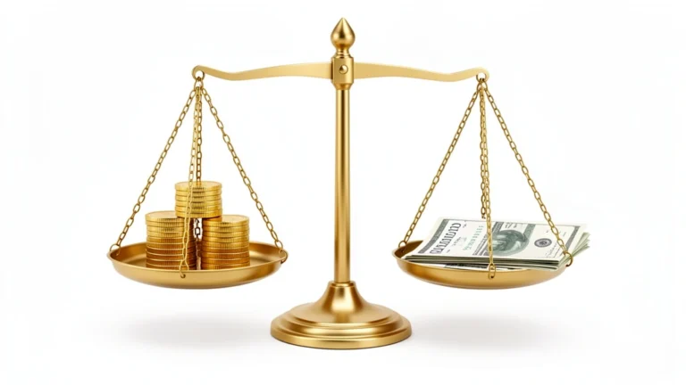 A balance scale weighing a stack of debt bills against a stack of income coins, representing the debt-to-income ratio, no text in image