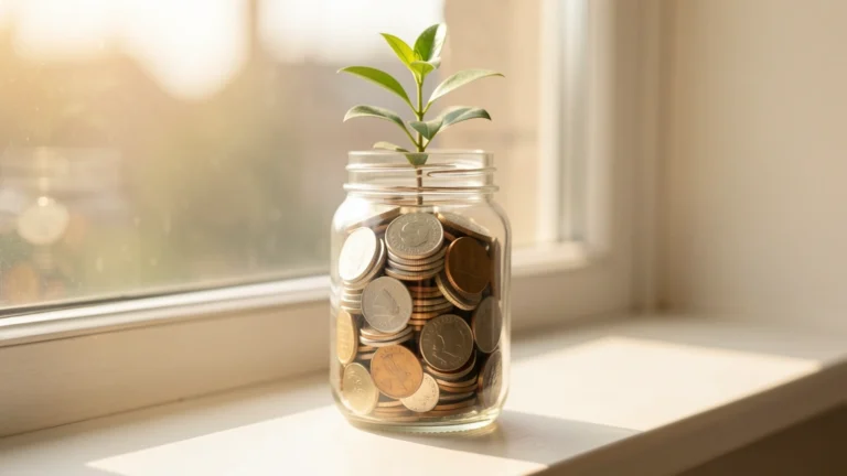 A glass jar of coins with a young plant growing from the top, on a sunlit windowsill