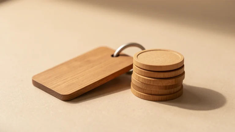 An empty gym key fob and a folded towel resting on a wooden bench next to a plain unmarked water bottle, no text in image, no real person's face