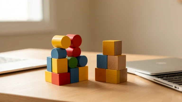 Two stacks of colorful building blocks beside a laptop on a desk