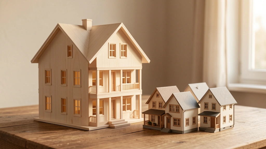 A large architectural scale model of a house made of pale wood blocks sitting on a stone base beside a smaller matching house model, no text, no people, no currency, editorial still life style