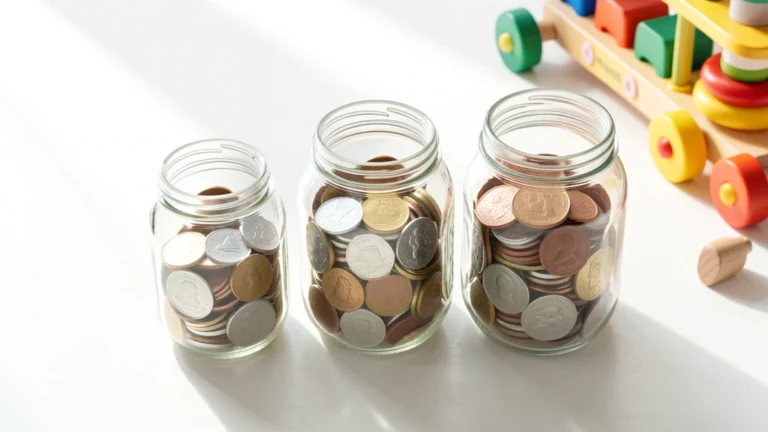 A simple growth chart showing small coin stacks getting taller from young child to teen age, with three labeled jars for spend, save, and give, no text, no real people