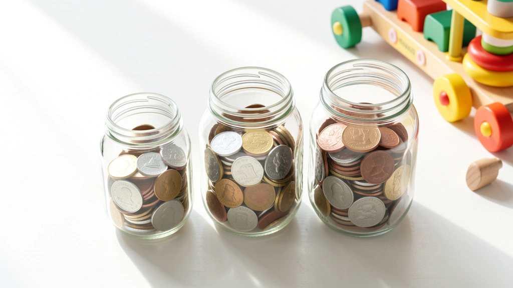 A simple growth chart showing small coin stacks getting taller from young child to teen age, with three labeled jars for spend, save, and give, no text, no real people