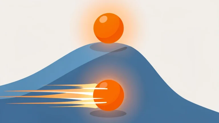 A ball at the top of a hill glowing with stored energy, and the same ball at the bottom glowing with motion energy
