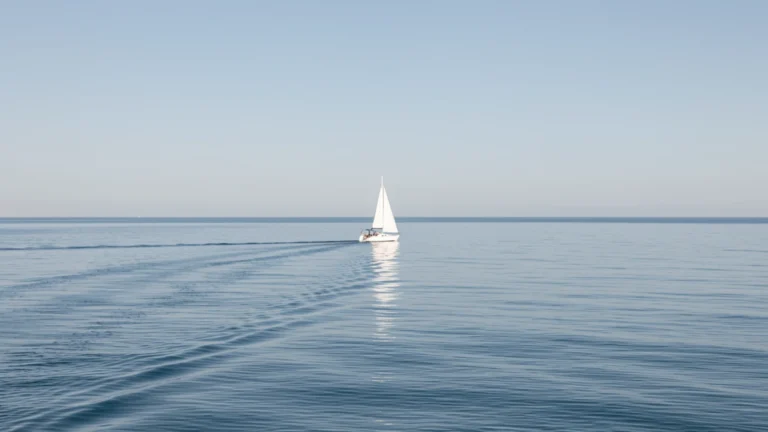 A small sailboat on calm open water with a gentle wake under a clear sky, no text