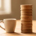A single small paper coffee cup sitting beside a tall stack of identical paper cups fading into the distance, showing one small purchase repeated many times, no text in image, no real person's face