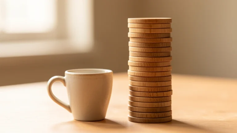 A single small paper coffee cup sitting beside a tall stack of identical paper cups fading into the distance, showing one small purchase repeated many times, no text in image, no real person's face