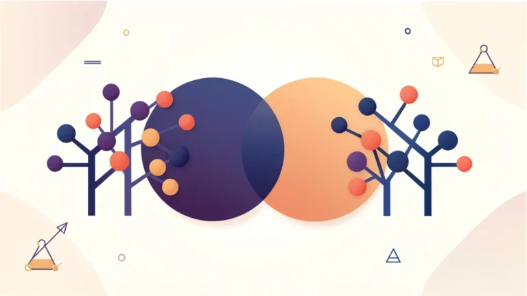 Colorful prime factor trees and a Venn diagram illustrating greatest common factor and least common multiple concepts, no people, no text