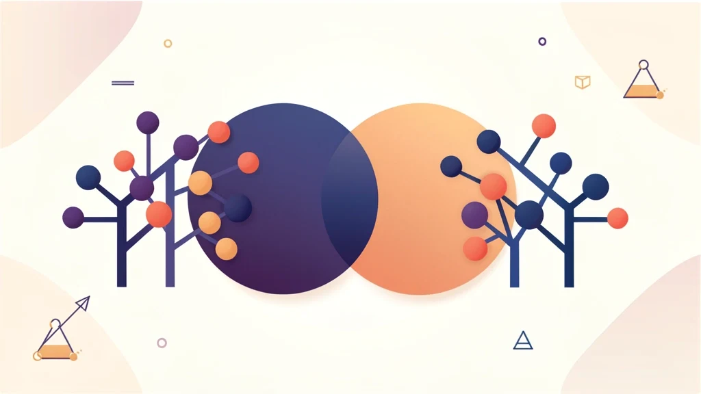 Colorful prime factor trees and a Venn diagram illustrating greatest common factor and least common multiple concepts, no people, no text