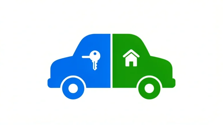 A car split down the middle, one half a small key icon for leasing, the other half a house-shaped equity icon for financing