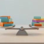 A balance scale with matching stacks of colored blocks on each side, perfectly level on a light desk
