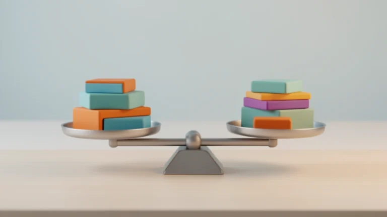 A balance scale with matching stacks of colored blocks on each side, perfectly level on a light desk