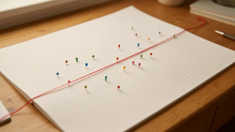 Graph paper with scattered colored pins and a straight red string running through them