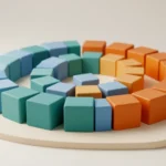 A spiral of colored blocks on a light desk where each block is larger than the last, suggesting multiplying growth