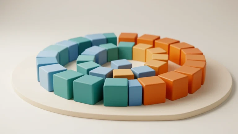 A spiral of colored blocks on a light desk where each block is larger than the last, suggesting multiplying growth