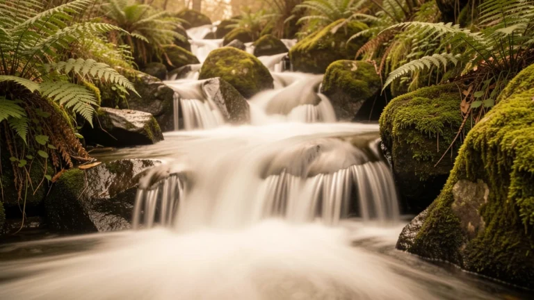 Camera on a tripod beside a waterfall with a dark square filter held in front of the lens, water blurred into smooth white streaks
