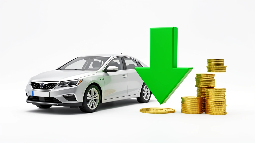 Car key resting on a small stack of coins beside a downward arrow, representing a lower monthly car payment