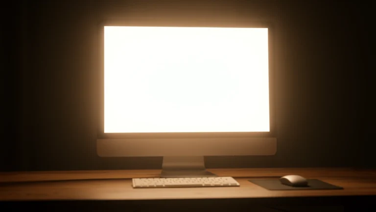 Bright blank computer monitor glowing in a dark room