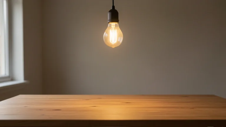 Bare warm light bulb hanging above a wooden desk, lighting a soft pool on the surface