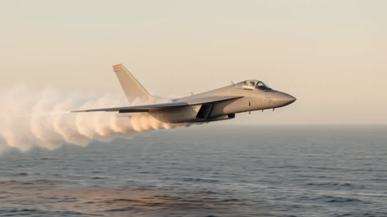 Jet aircraft flying fast over the ocean with a trail of vapor behind it