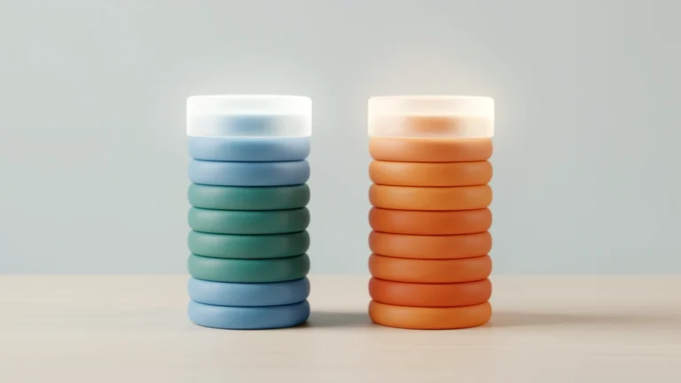 Two tall stacks of colored tokens side by side on a light desk with a soft translucent band around their tops, suggesting uncertainty