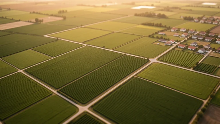 Aerial view of rectangular green farm plots divided by narrow paths