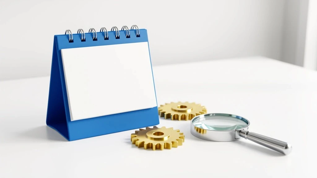 Blank blue flip calendar with brass gears and a magnifying glass, representing the math behind date calculators