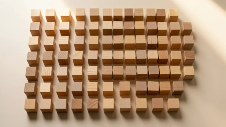 Wooden cubes arranged in neat rows and columns forming a grid