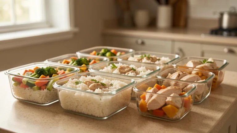 Glass meal prep containers of rice, vegetables and chicken on a counter