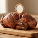 A digital meat thermometer inserted into a roasted piece of meat resting on a cutting board, steam rising, no text, no numbers, no real person's hands or face