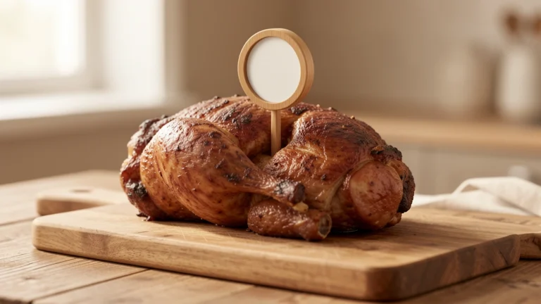 A digital meat thermometer inserted into a roasted piece of meat resting on a cutting board, steam rising, no text, no numbers, no real person's hands or face