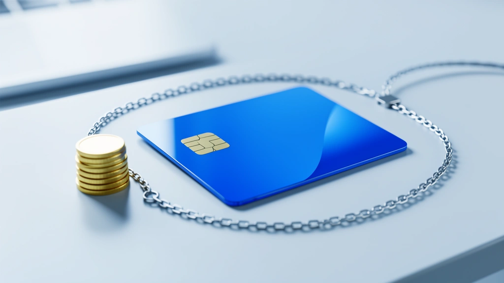 Blue credit card encircled by a chain next to a stack of gold coins, representing the minimum payment debt trap