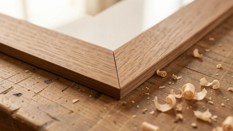 Six wooden boards with angled mitered ends laid out beside a miter saw on a workbench, ready to form a hexagon frame