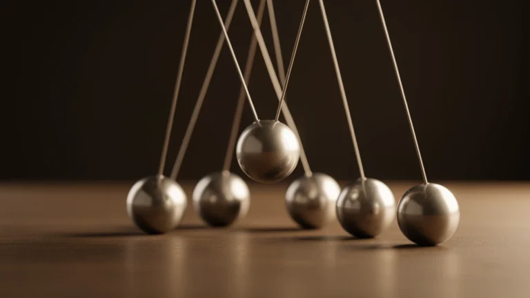 Steel balls of a Newton's cradle, one swinging while the others rest