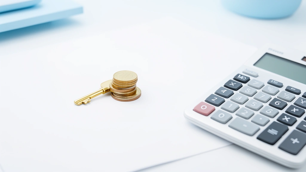 House key and coins resting on a blank document beside a calculator, representing mortgage closing costs