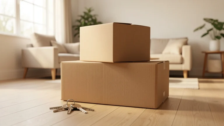 Moving boxes and a set of keys in an empty bright living room