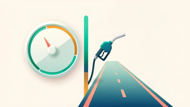 Clean fuel gauge beside a road and a fuel pump nozzle suggesting miles per gallon, no people, no text