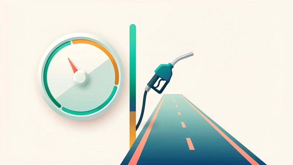 Clean fuel gauge beside a road and a fuel pump nozzle suggesting miles per gallon, no people, no text